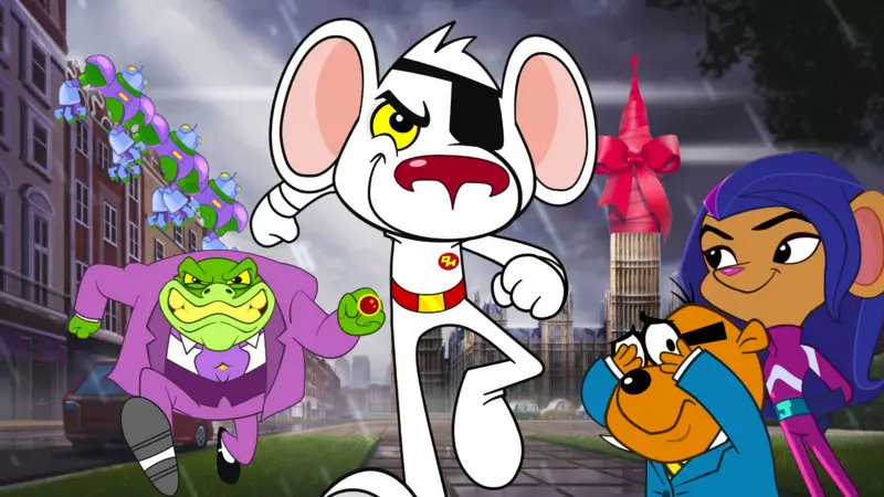 Danger Mouse is on a jet pack in the centre, beside him is Jeopardy Mouse looking at him also jumping. At the front is Penfold holding a remote. They are all in front of a pink castle with a rainbow