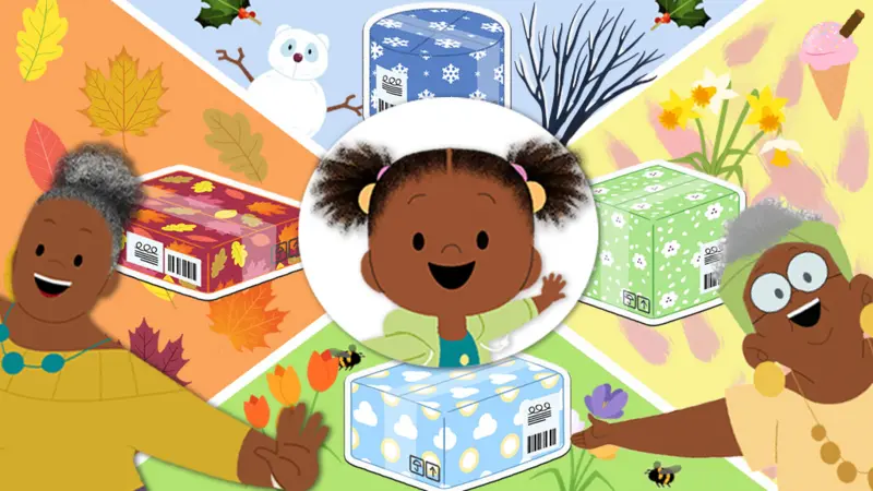  JoJo is in the garden in her summer outfit, standing next to a large parcel. 